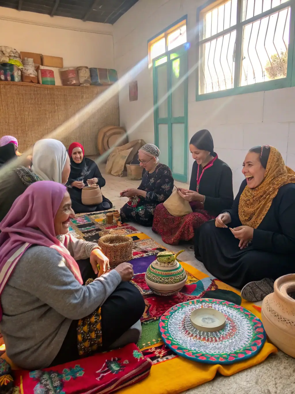 A picture showing participants of a cultural workshop learning traditional crafts at Manoir des Remparts, emphasizing skill-sharing and cultural preservation.