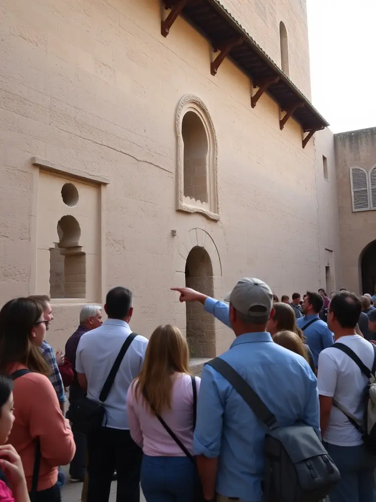 A photograph of adults attending a guided tour of Manoir des Remparts, listening attentively to the guide and observing the architectural details of the building.
