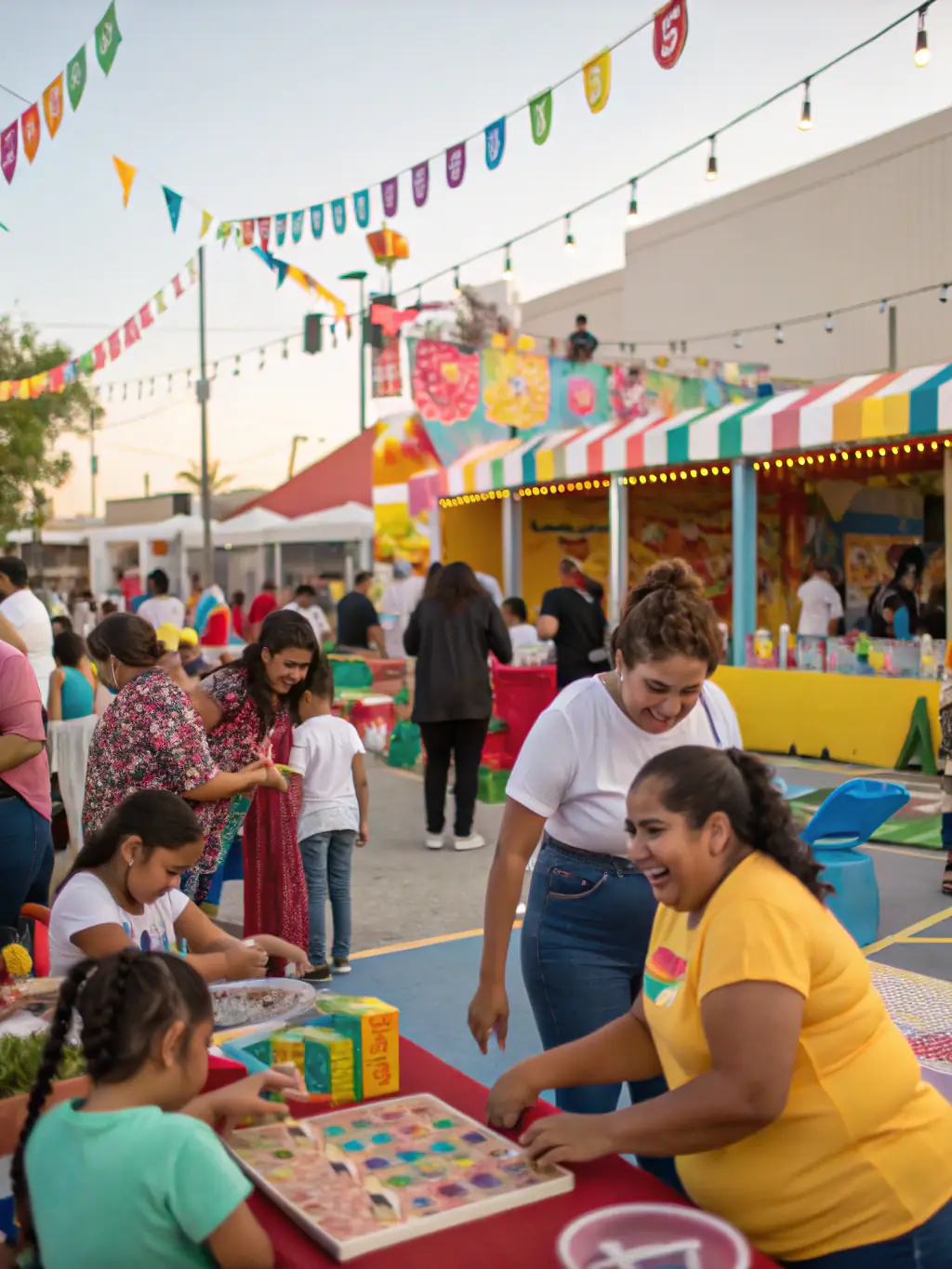 A photograph of a community event taking place on the grounds of Manoir des Remparts, with people of all ages enjoying music, food, and games.