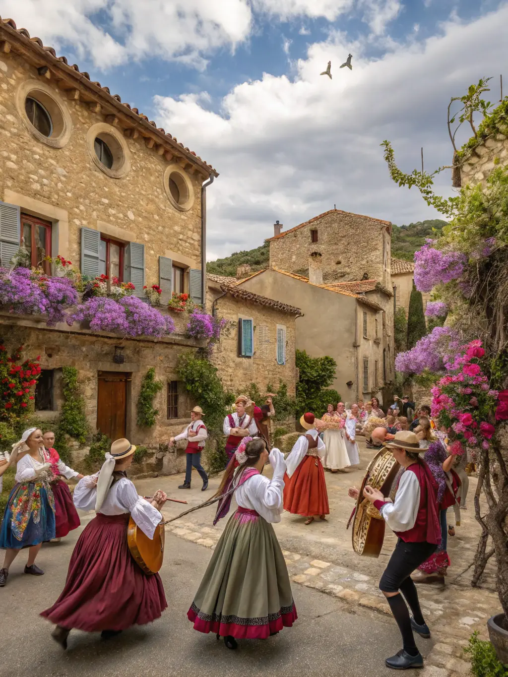A photo of a traditional French music performance taking place in the courtyard of Manoir des Remparts, with musicians playing and an audience enjoying the cultural event.