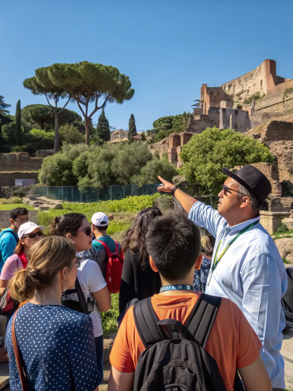 A group of adults on a guided tour of Manoir des Remparts, listening attentively to the guide as they stand in front of a significant historical feature of the building.
