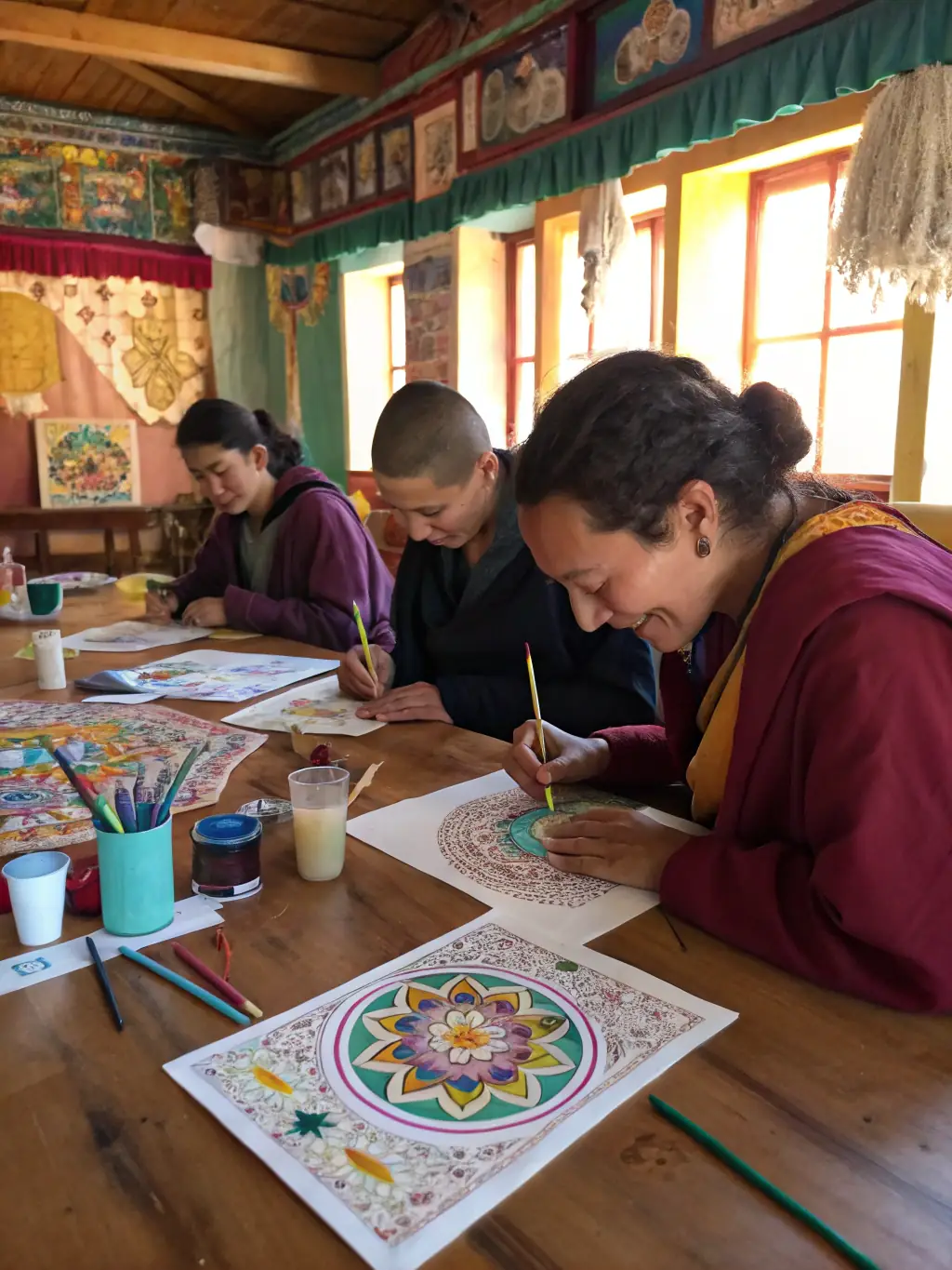 A photograph of participants in a cultural workshop at Manoir des Remparts, learning traditional crafts and creating their own artwork.