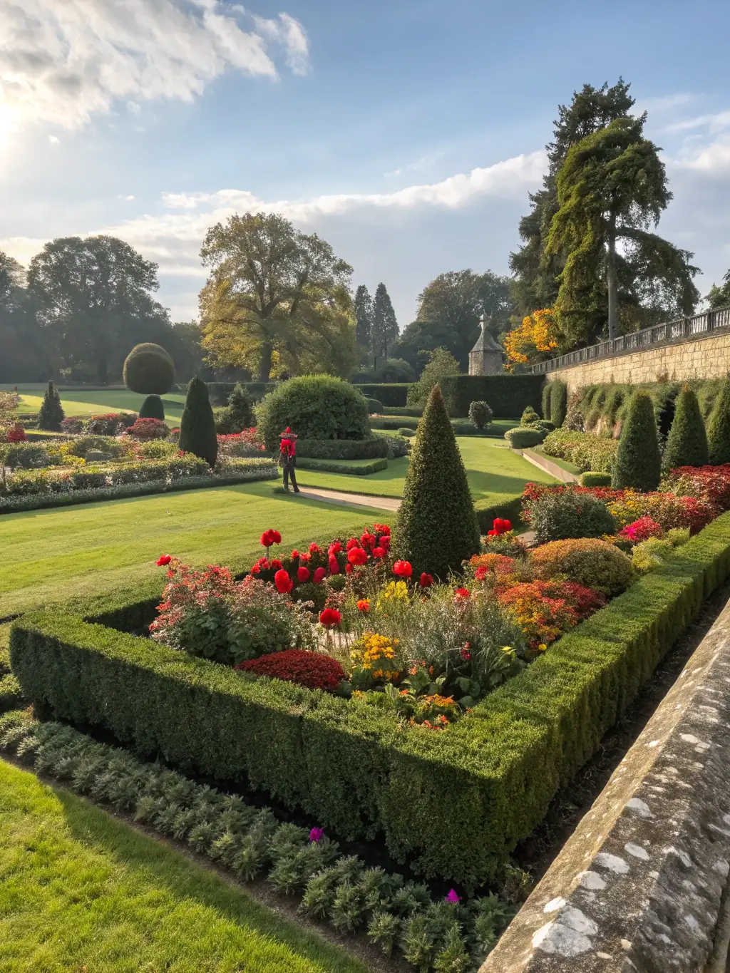 A photo of volunteers working in the gardens of Manoir des Remparts, planting flowers and maintaining the grounds, highlighting community involvement.