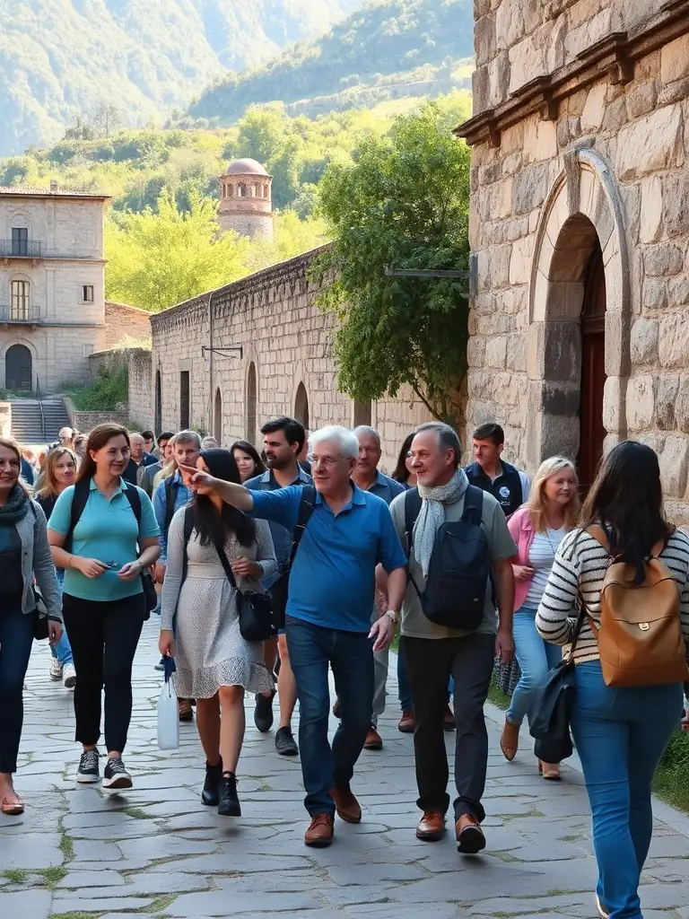 A photograph of a guided tour group exploring the Manoir des Remparts, with the guide pointing out historical features and sharing stories.