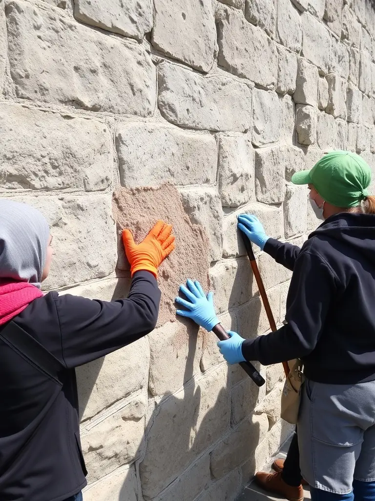 An image of volunteers working together to restore a section of the Manoir des Remparts, showcasing the community's involvement in preserving the historical site.